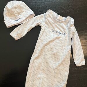 Cecil and Lou Newborn Gown Onesie and Hat with Cooper Monogram Embroidery